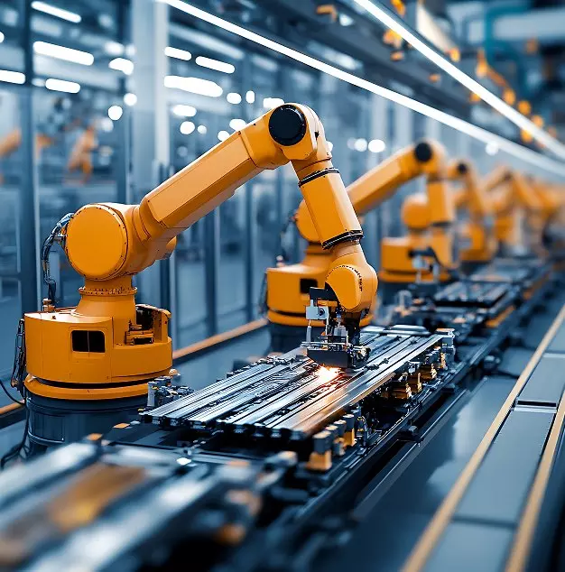 Braccio robotico giallo in un'industria automatizzata, mentre effettua operazioni di assemblaggio su un nastro trasportatore, creando un ambiente di produzione avanzato.