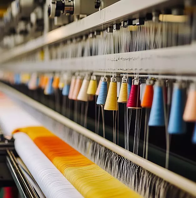 Un primo piano di un telaio per tessitura con colori vivaci di rocchetti di filo appesi. Ogni rocchetto presenta tonalità diverse, creando un effetto visivo coinvolgente, mentre il tessuto si forma in basso.