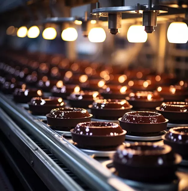 Vista di una linea di produzione di dolci in cioccolato, con stampi lucidi disposti ordinatamente su un nastro trasportatore illuminato.