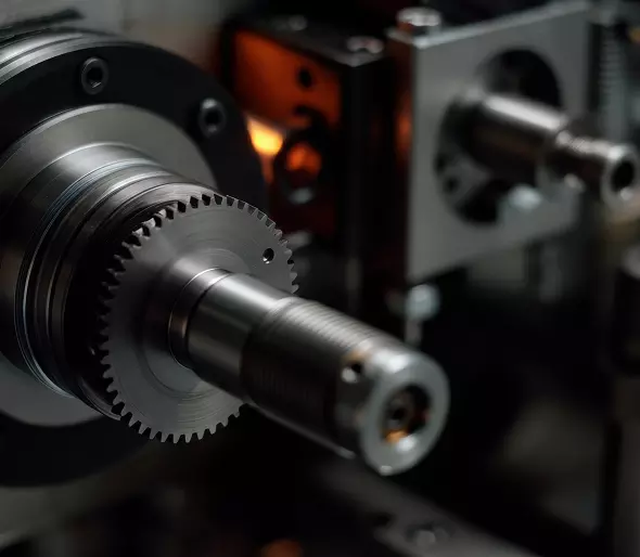 Equilibratura con trascinamento. Dettaglio di un ingranaggio metallico su una macchina industriale, evidenziando la tecnologia di precisione e l'ingegneria meccanica.